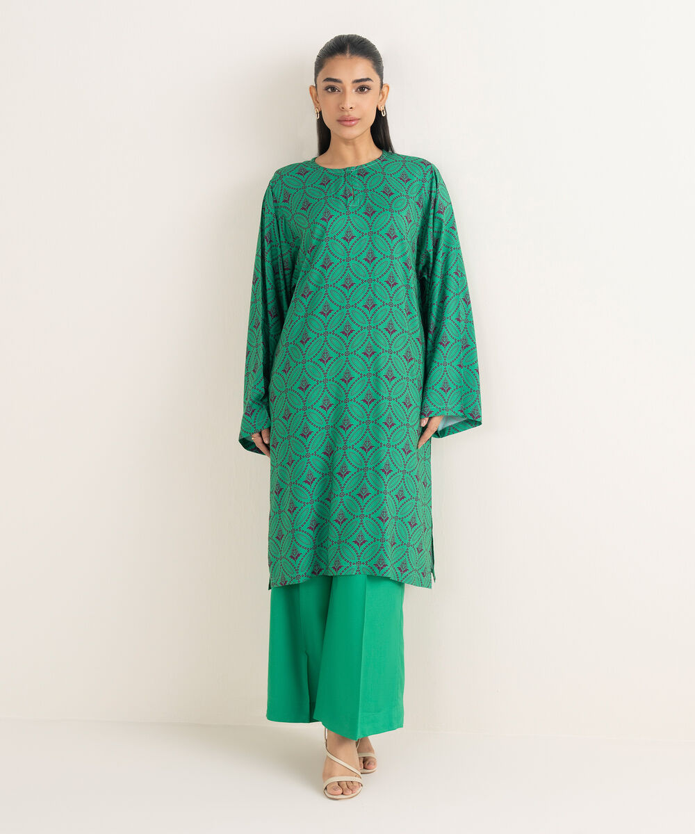 Women's RTW Linen Printed Green Straight Shirt