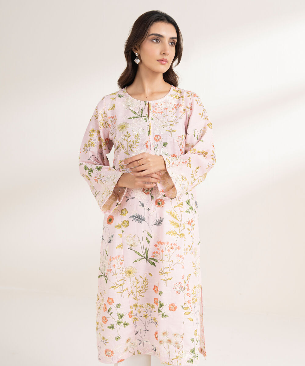 Women's RTW Khaddar Embroidered A-Line Pink Shirt