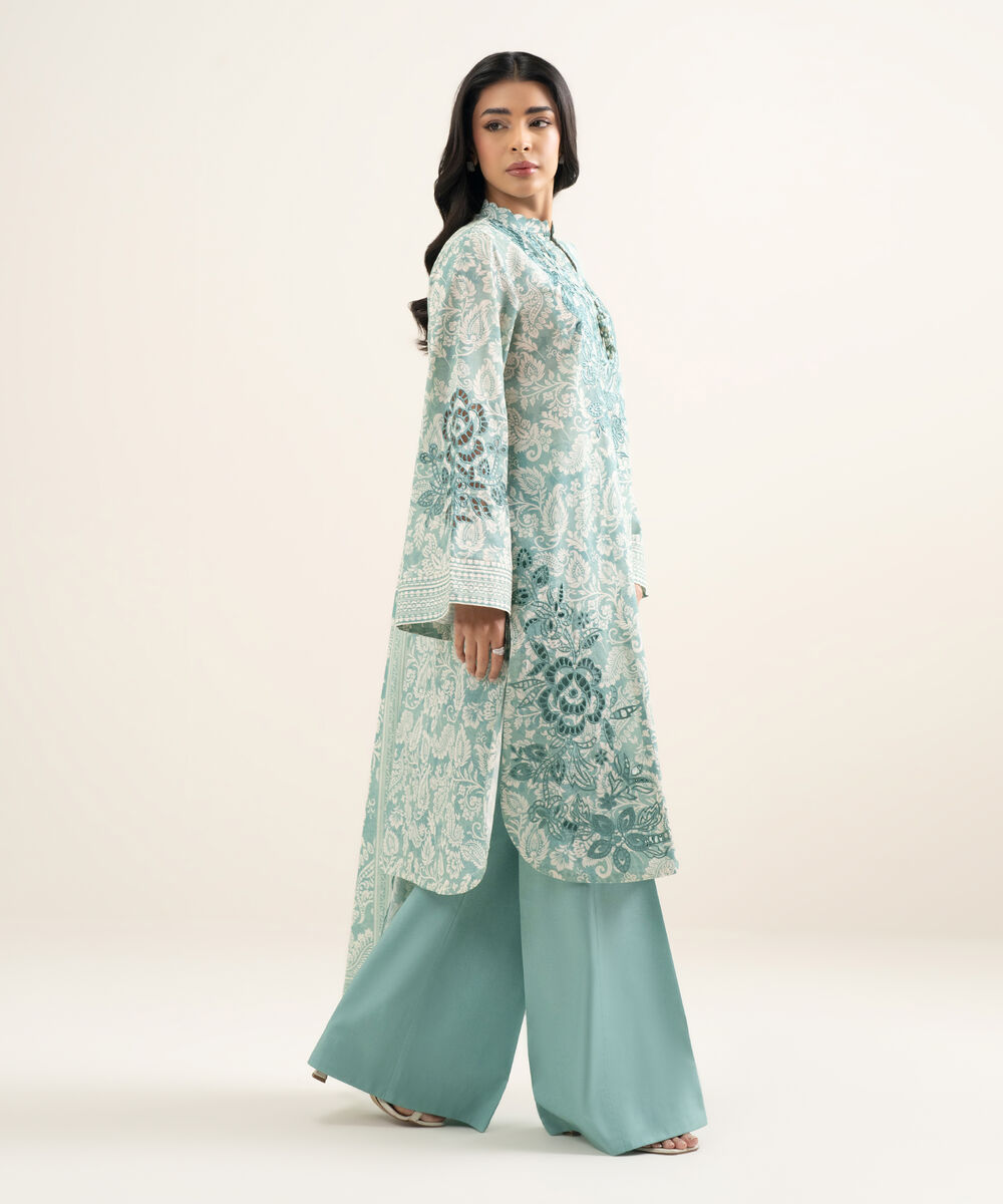 Women's Unstitched Lawn Embroidered Blue & White 3 Piece Suit