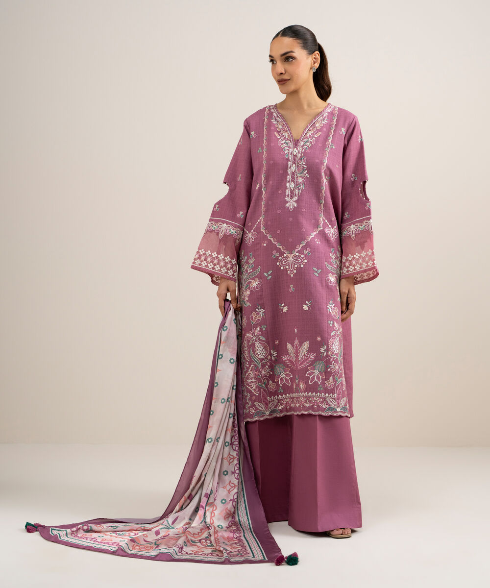Women's Unstitched Dobby Embroidered Pink 3 Piece Suit