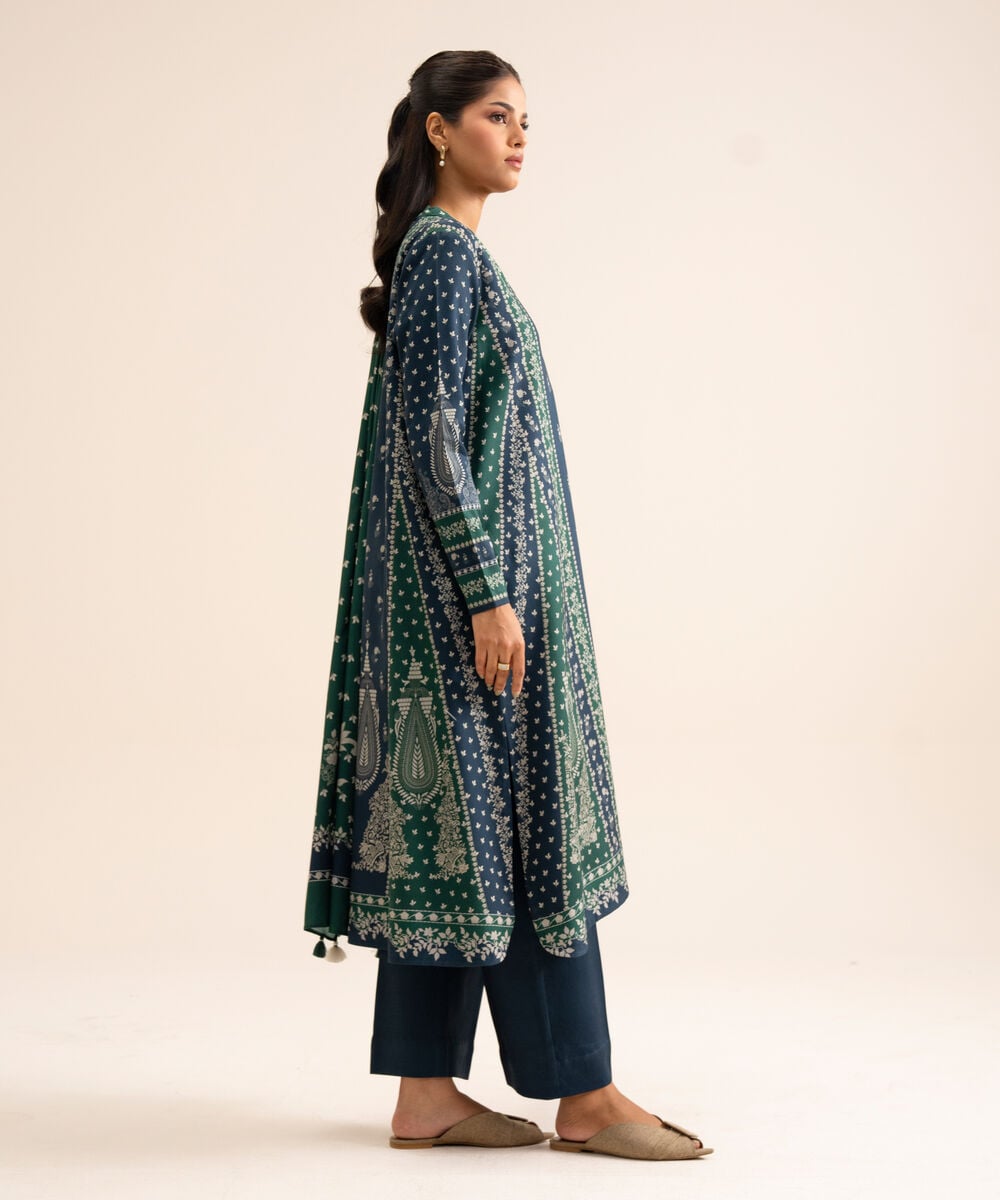 Women's Unstitched Viscose Linen Printed Dark Blue 3 Piece Suit