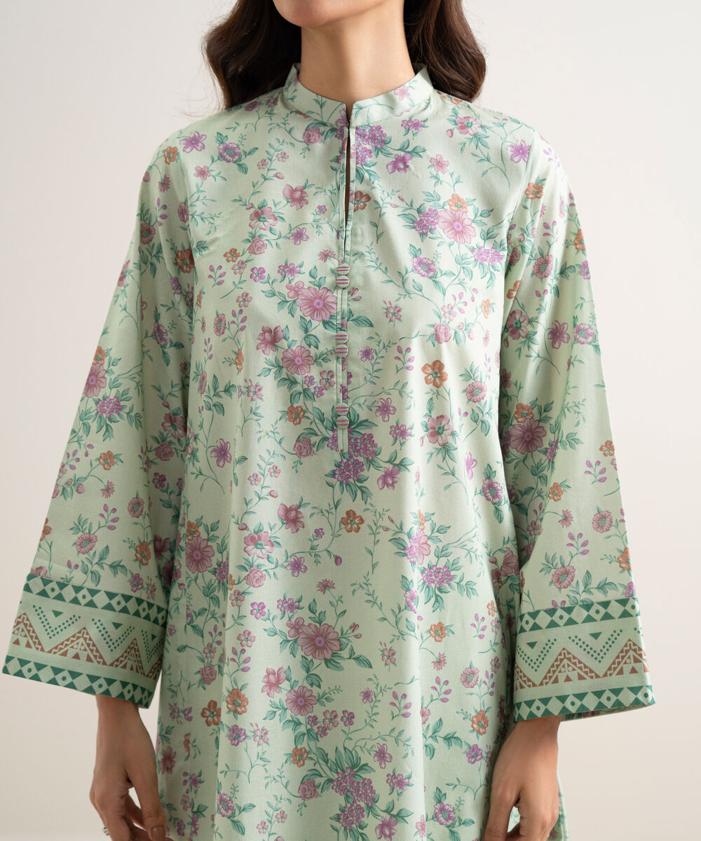 Women's Unstitched Cotton Printed Green 3 Piece Suit