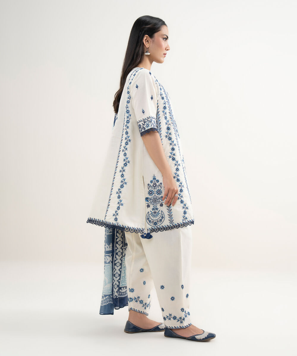 Women's RTW Zari Cotton Embroidered Blue 3 Piece Suit