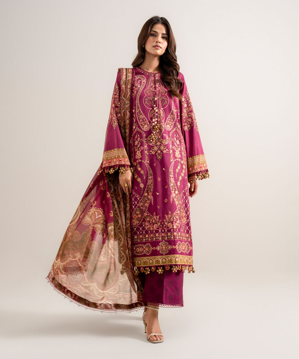 Women's Unstitched Embroidered Fine Cotton Satin Light Purple 3 Piece Suit