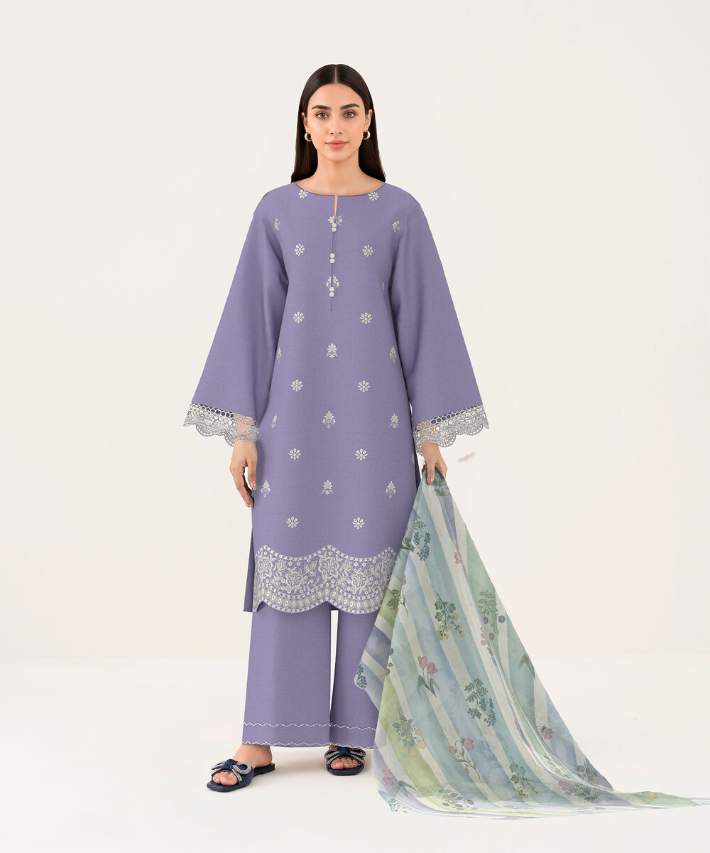 Women's Unstitched Self Jacquard Lilac Embroidered 3 Piece Suit