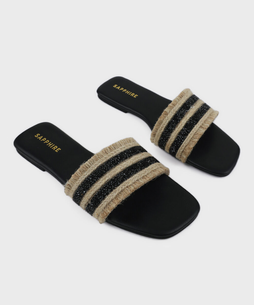 Woman - Black Embellished Jute Flats