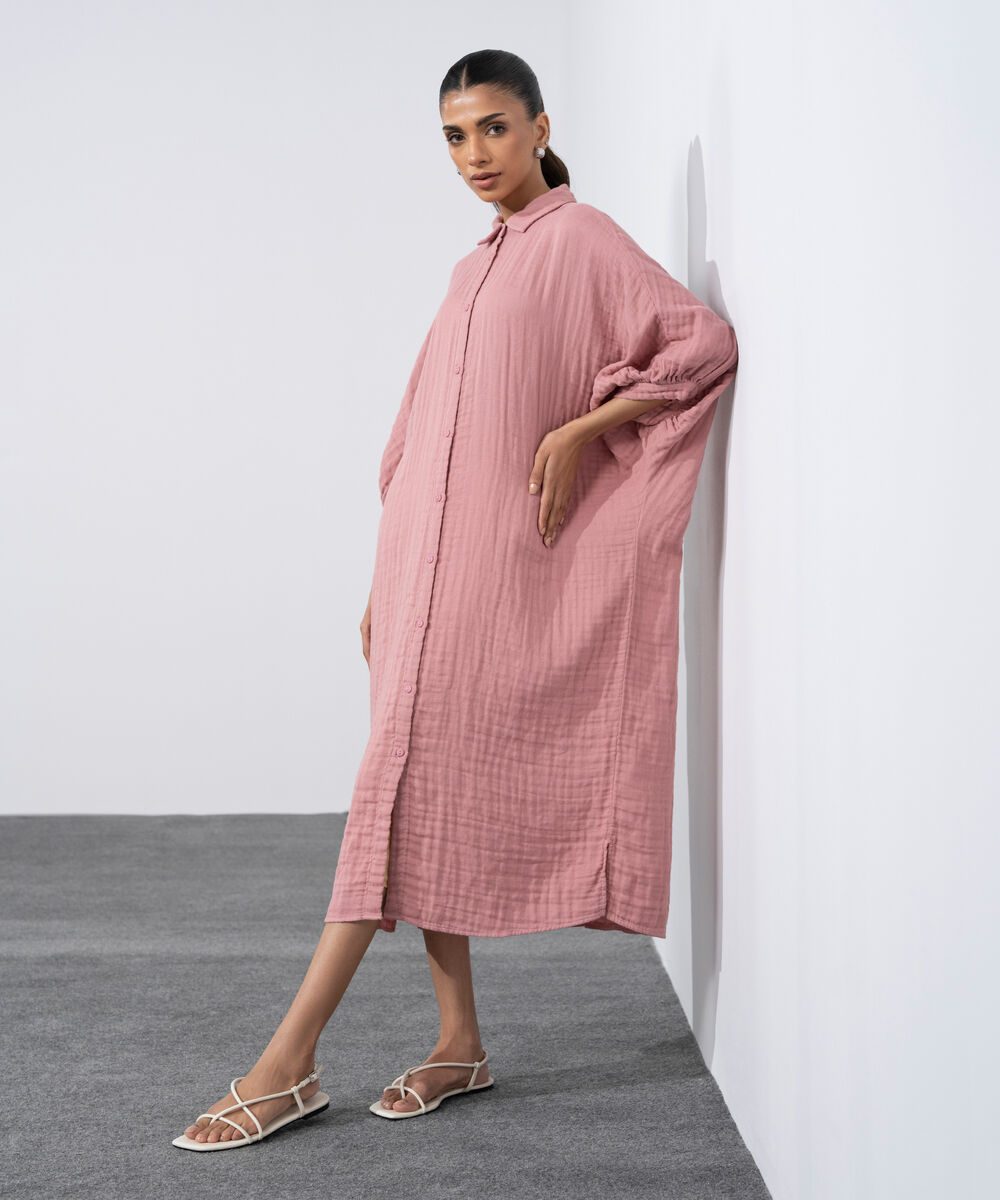 Women's Western Tea-Pink Batwing Sleeve Cotton Muslin Dress