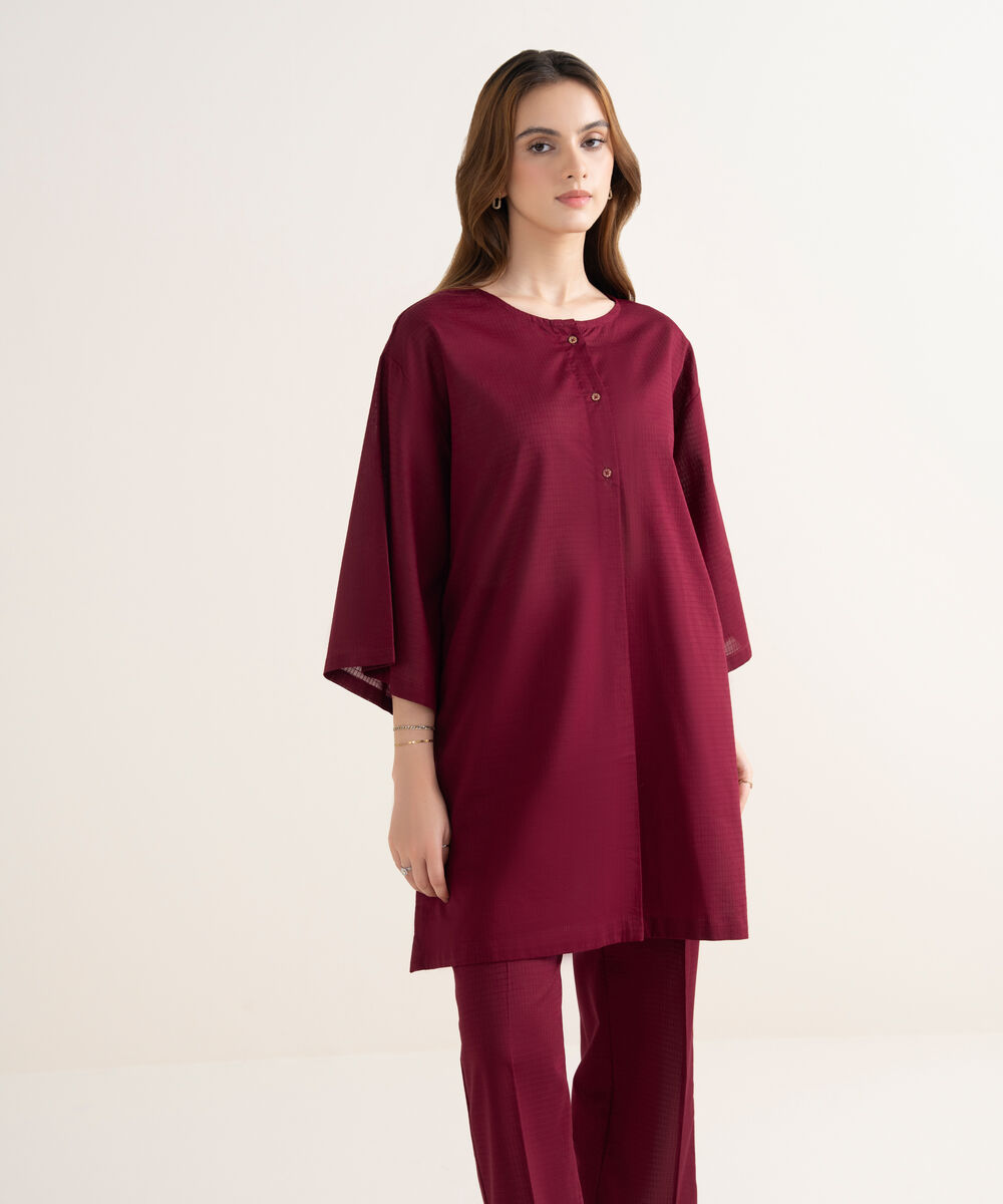 Women's RTW Textured Cotton Solid Boxy Red Shirt