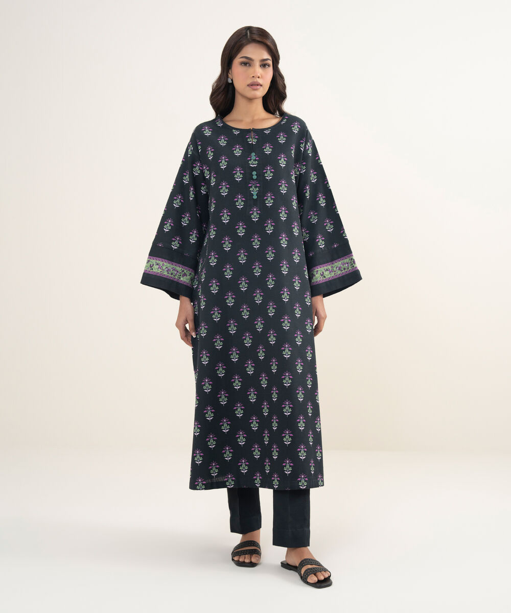 Women's Unstitched Arabic Khaddar Black  3 Piece Suit