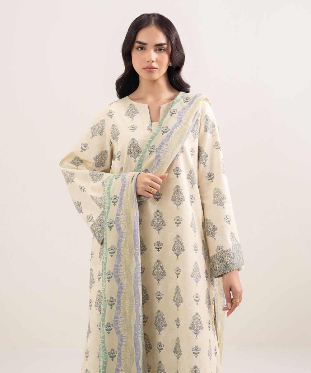 Women's Unstitched Lawn Printed Beige 3 Piece Suit