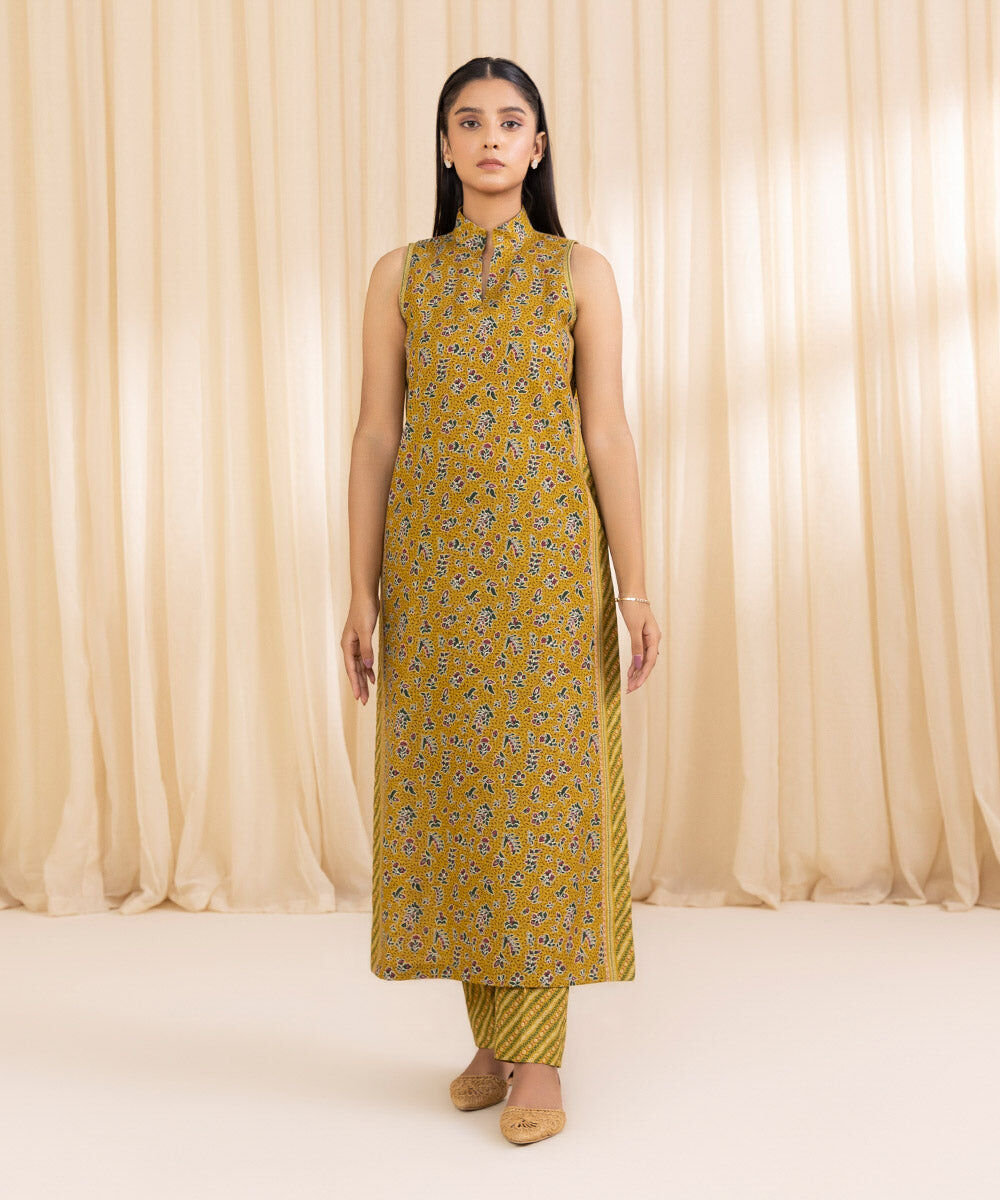 Women's Unstitched Printed Mustard Khaddar Shirt and Trousers