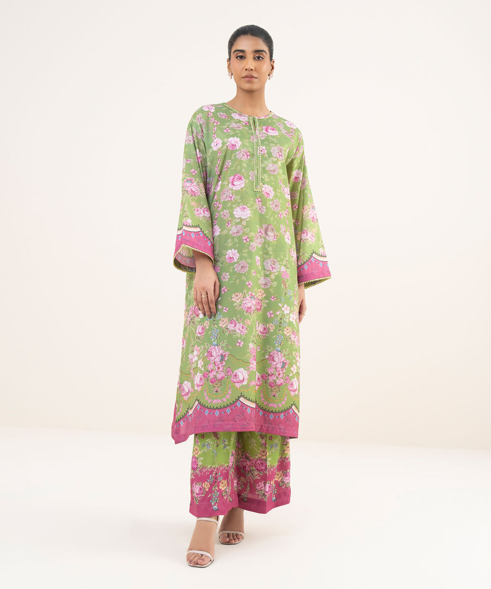 Women's RTW Blended Grip Green Printed A-Line 2 Piece Suit