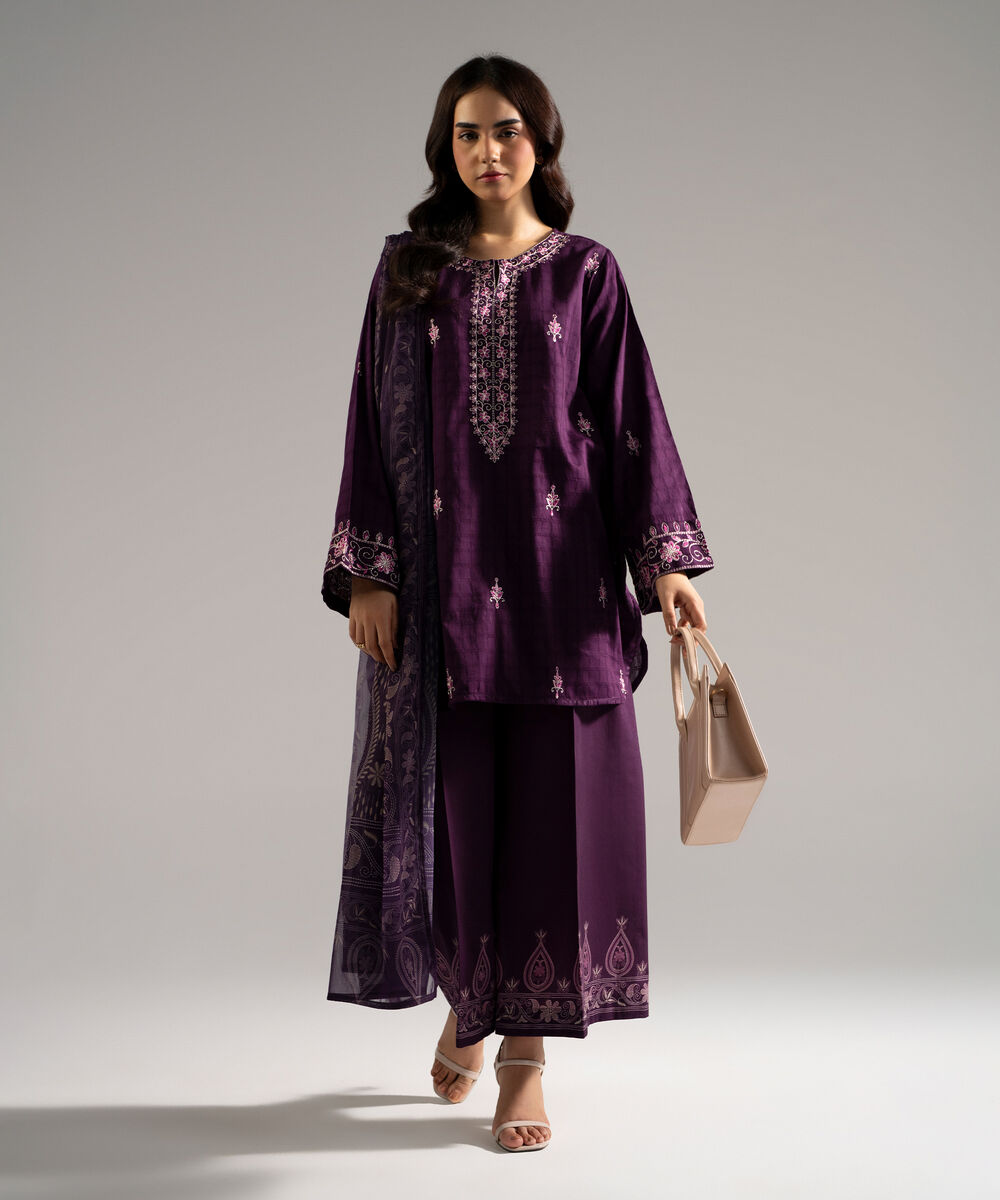Women's RTW Dobby Embroidered Purple 3 Piece Suit