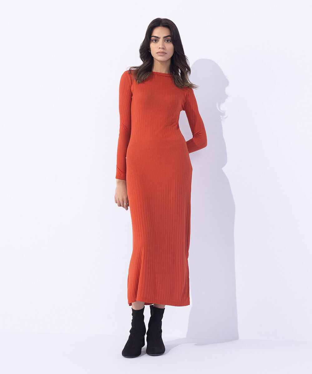 Woman - Orange Jersey Ribbed Dress