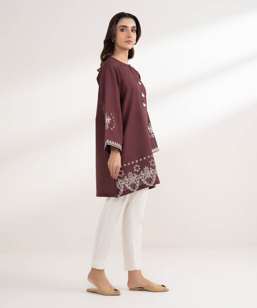 Women's RTW Khaddar Embroidered Straight Brown Shirt