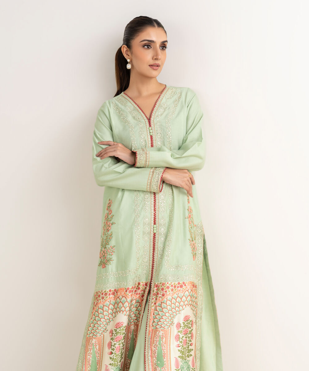 Women's RTW Silk Cotton Net Embroidered A-Line Green Shirt