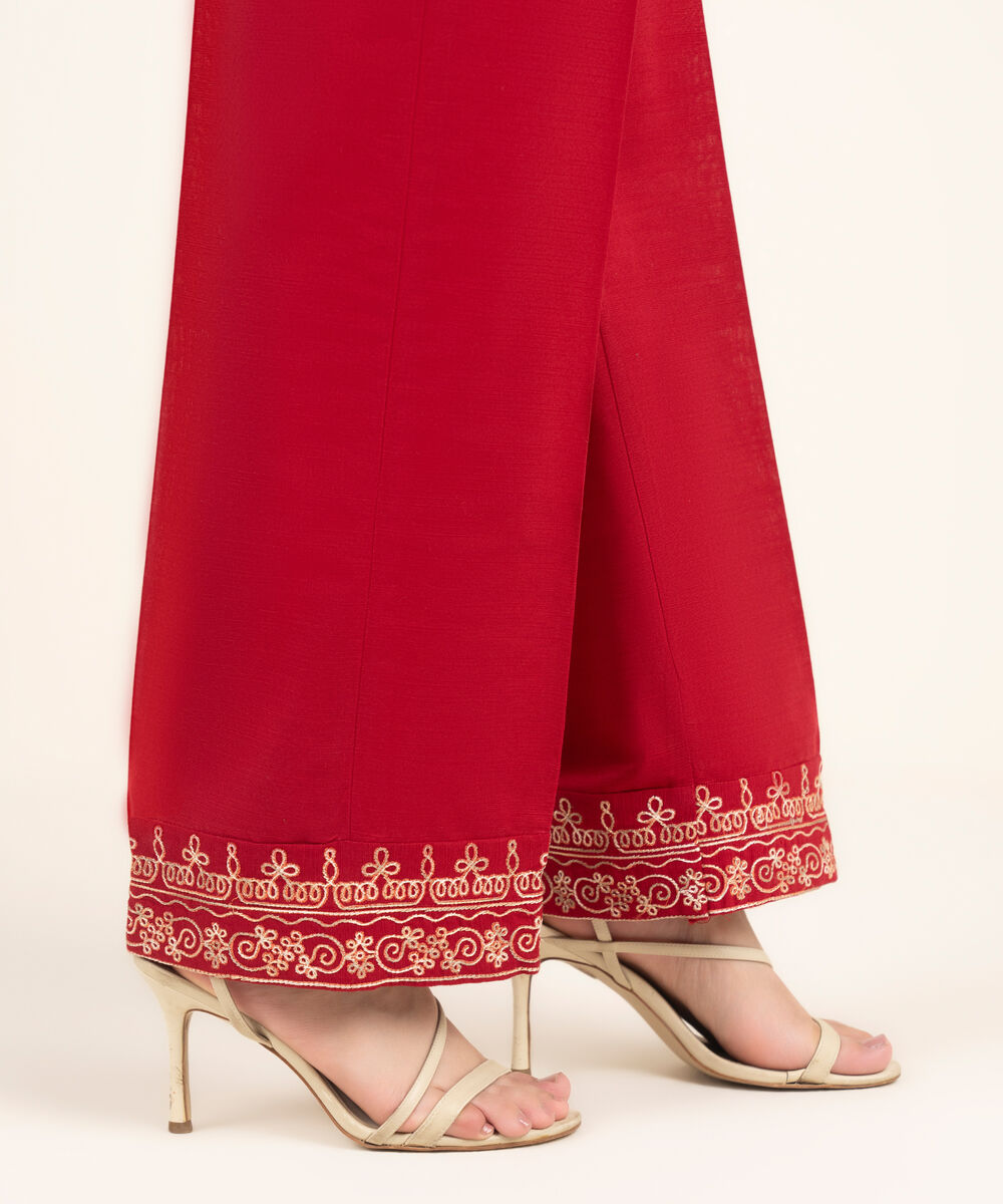 Women's RTW Khaddar Embroidered Red Straight Pants