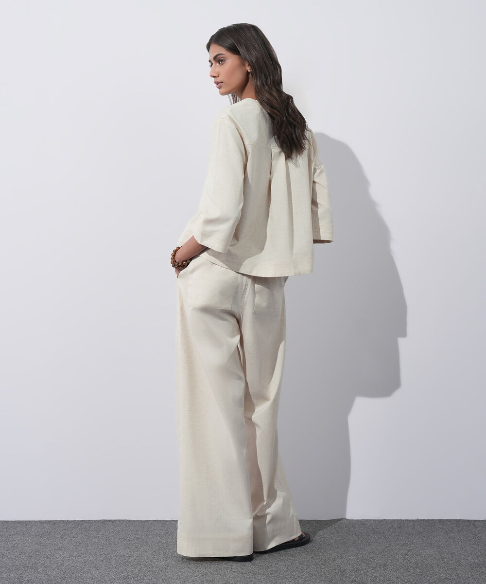 Women's Western Wear Beige V-Neck Linen Blend Shirt