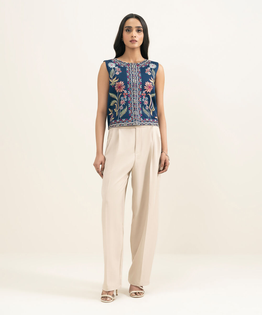 Women's RTW Dobby Embroidered Blue Waistcoat