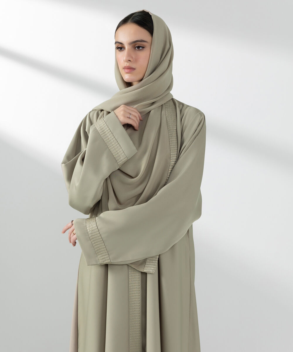 Woman - Green Embroidered Button Through Abaya Set