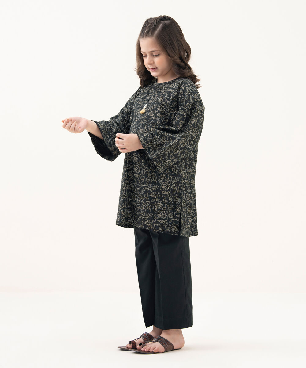 Girl's Cotton Viscose Printed Black 2 Piece Suit