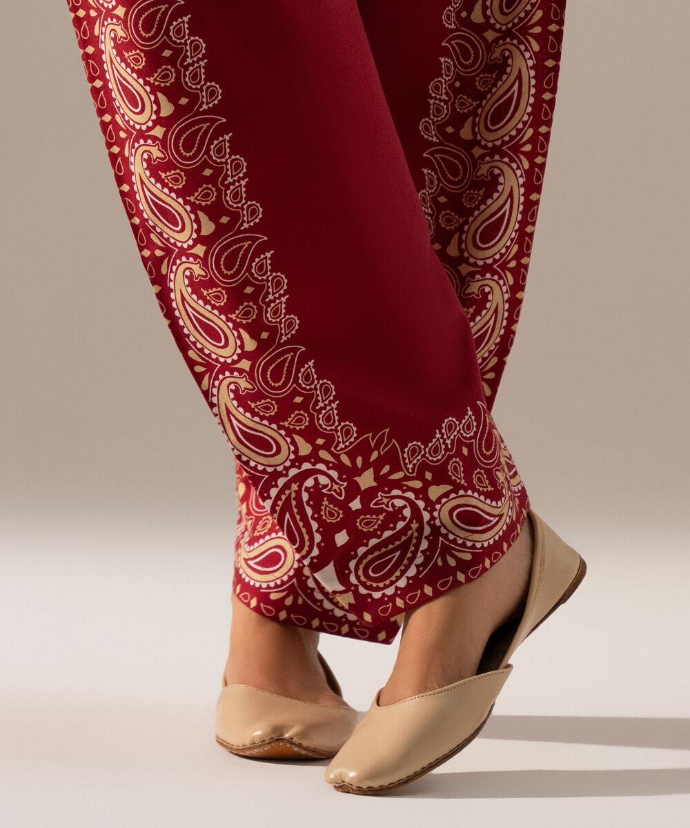 Women's RTW Cambric Printed Maroon Skinny Shalwar