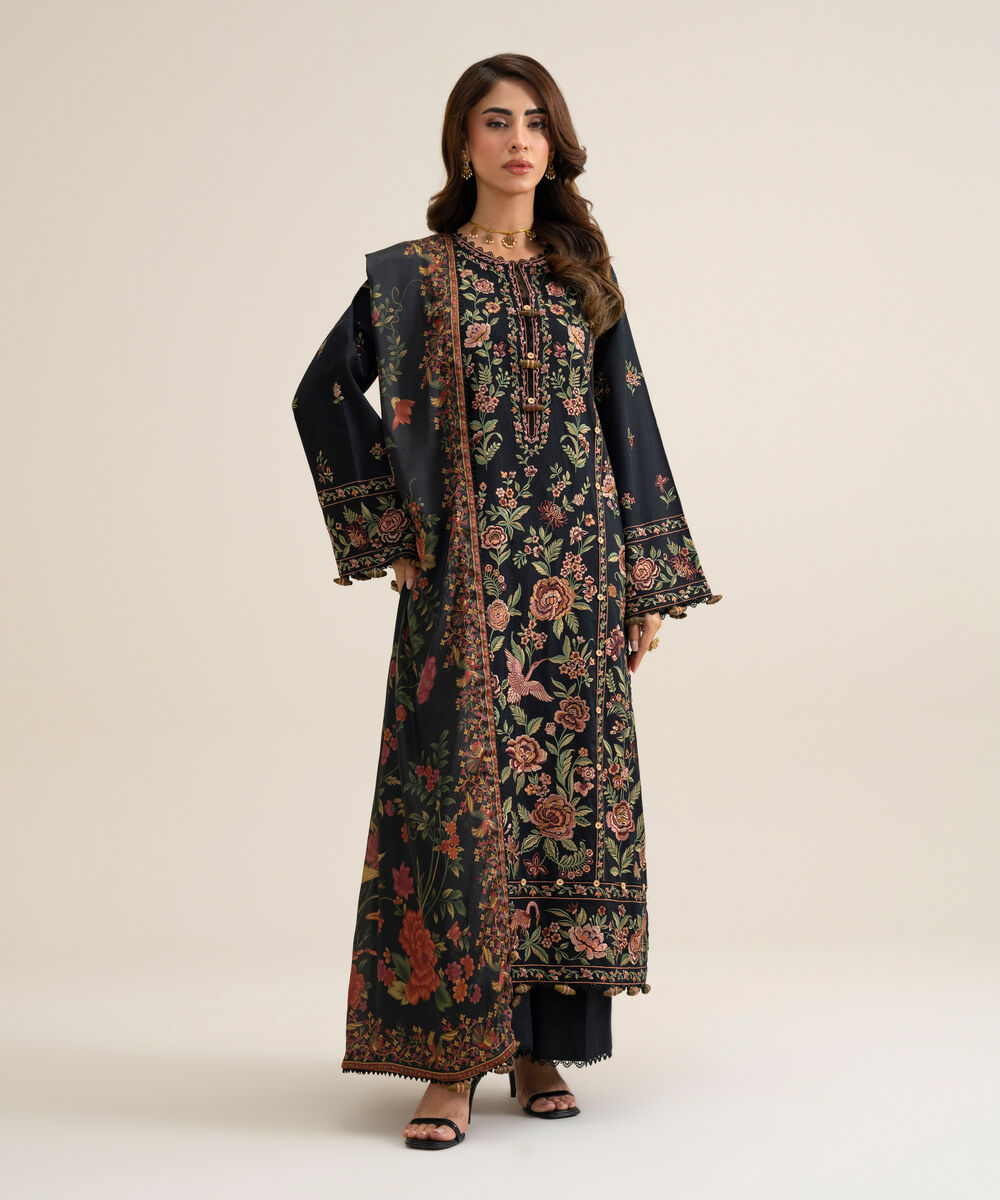 Women's Unstitched Fine Cotton Satin Embroidered Black 3 Piece Suit