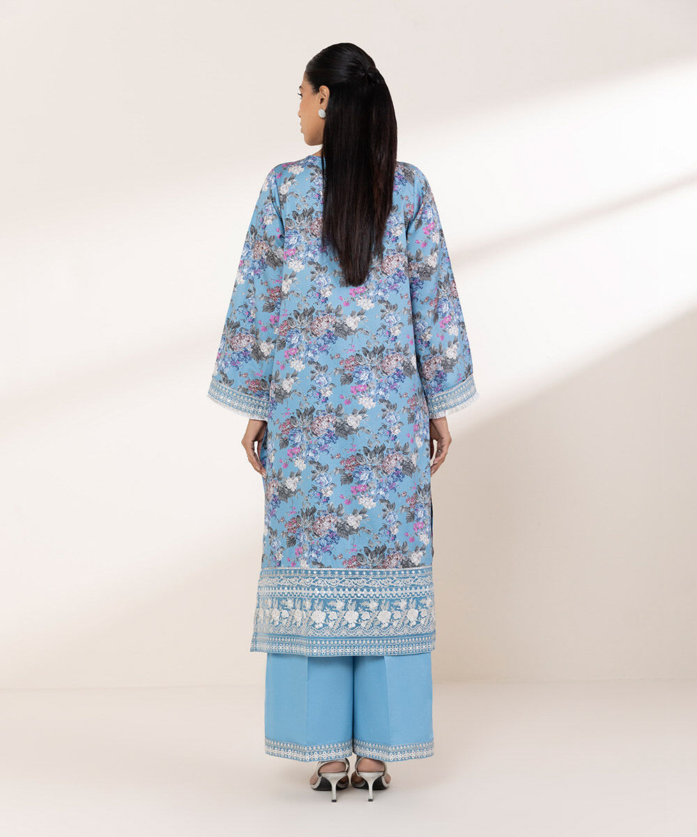 Women's RTW Cotton Satin Blue Embroidered A-Line Shirt