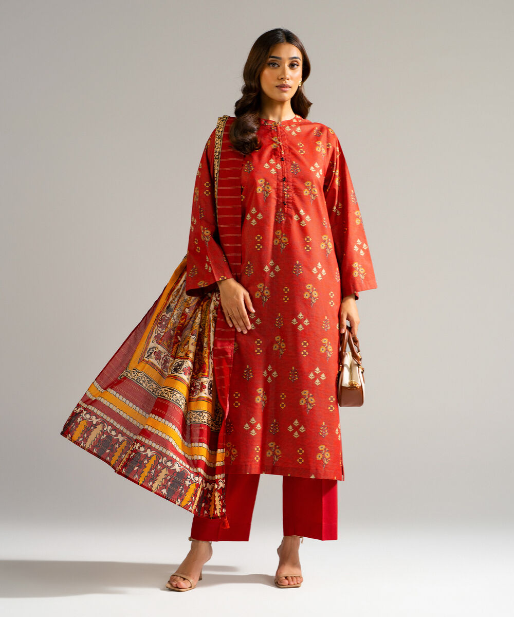 Women's RTW Zari Lawn Printed Orange 3 Piece Suit