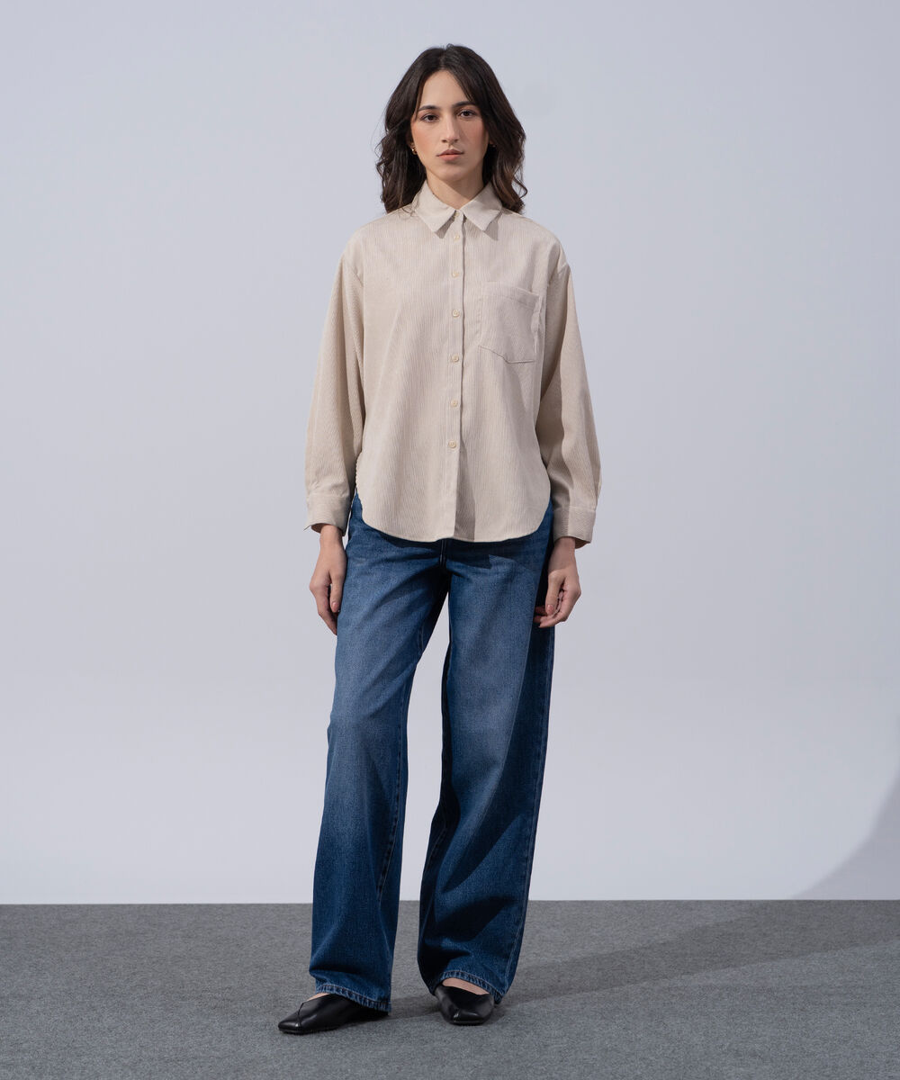 Women's Western Wear Beige Polyester Button Through Corduroy Shirt