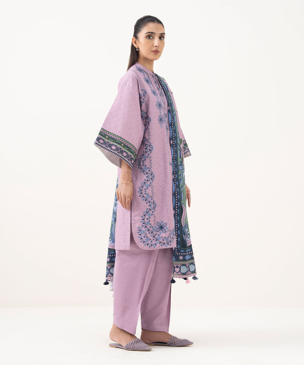 Women's Unstitched Khaddar Embroidered Purple 3 Piece Suit