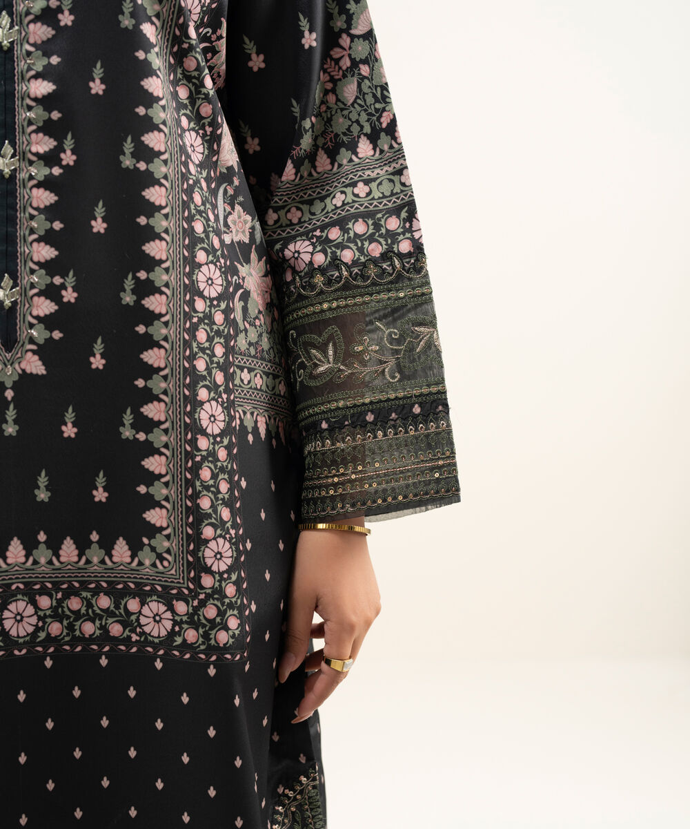 Women's Unstitched Blended Grip Silk Black Embroidered 3 Piece Suit