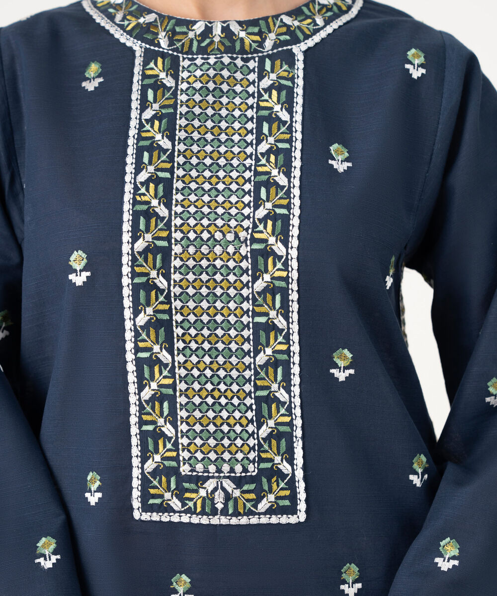 Women's RTW Cotton Embroidered Blue Straight Shirt