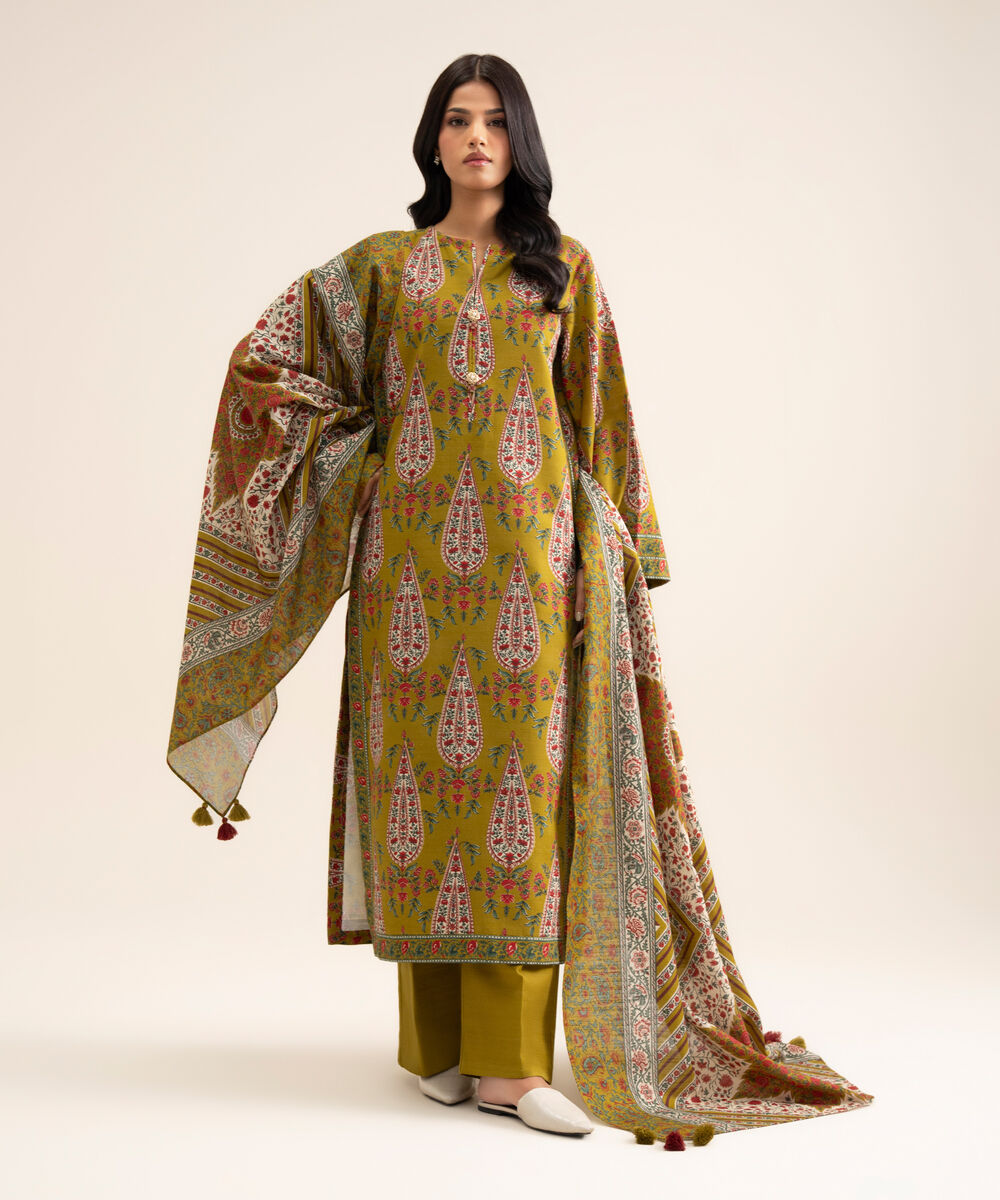 Women's Unstitched Light Khaddar Printed Green 3 Piece Suit