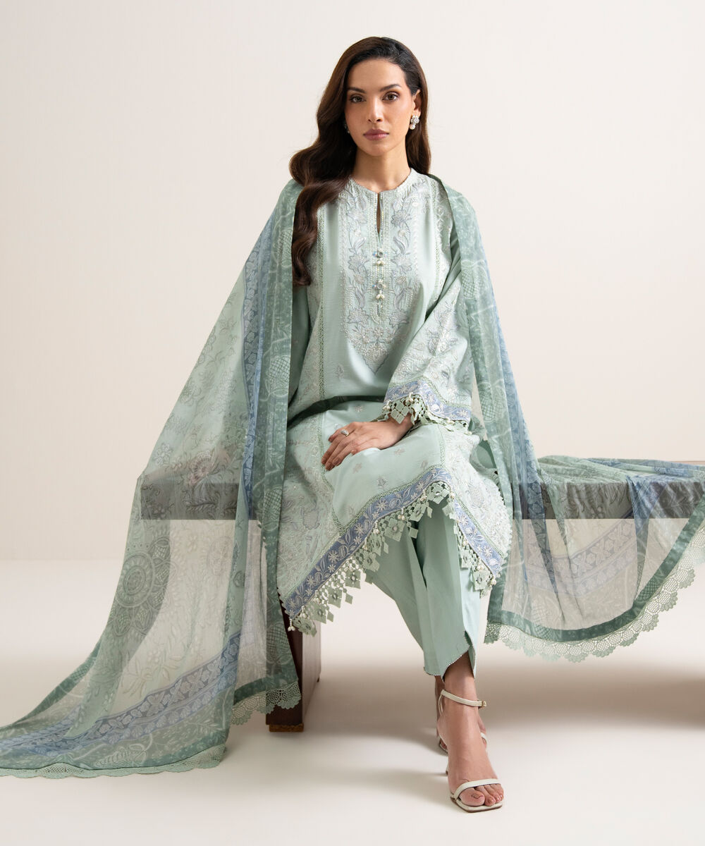 Women's Unstitched Lawn Embroidered Blue 3 Piece Suit