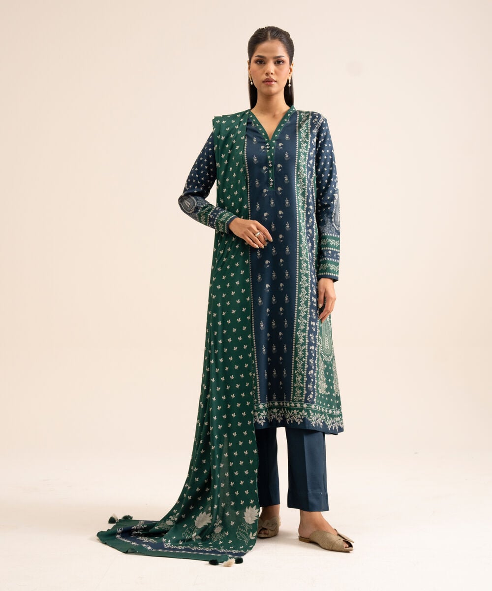 Women's Unstitched Viscose Linen Printed Dark Blue 3 Piece Suit