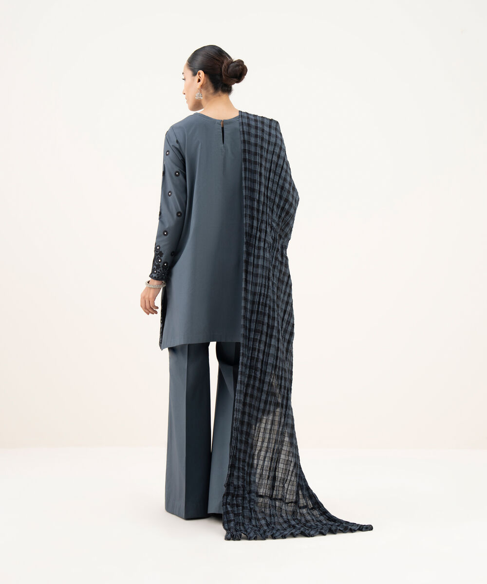 Women's Unstitched Cotton Embroidered Grey 3 Piece Suit