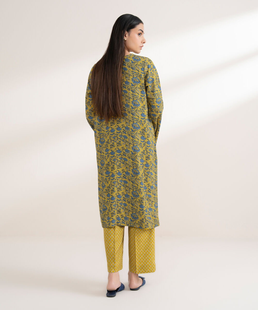 Women's RTW Arabic Khaddar Printed Straight Olive Yellow Shirt