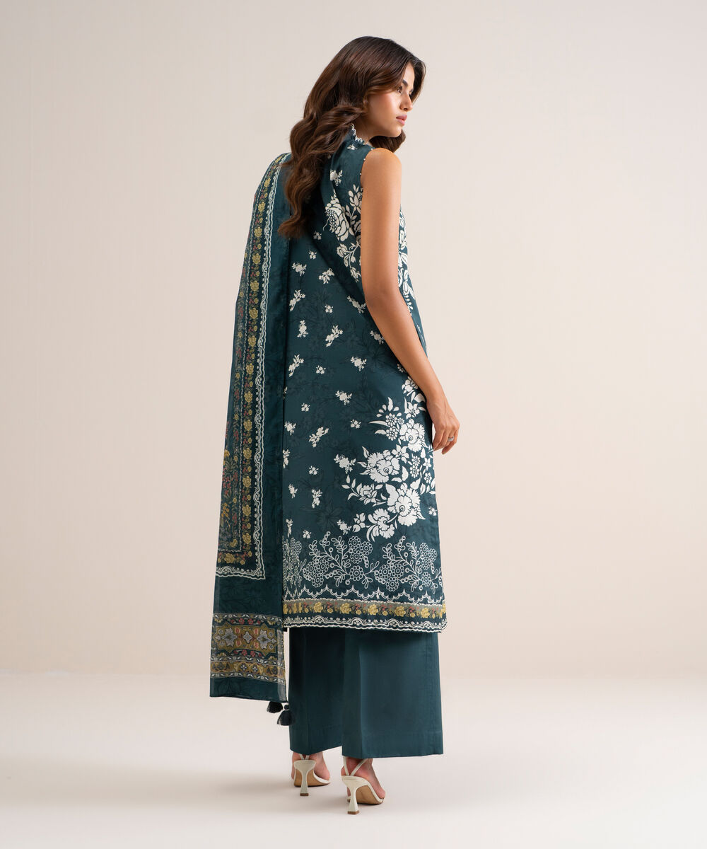 Women's Unstitched Printed Lawn Teal Green 3 Piece Suit