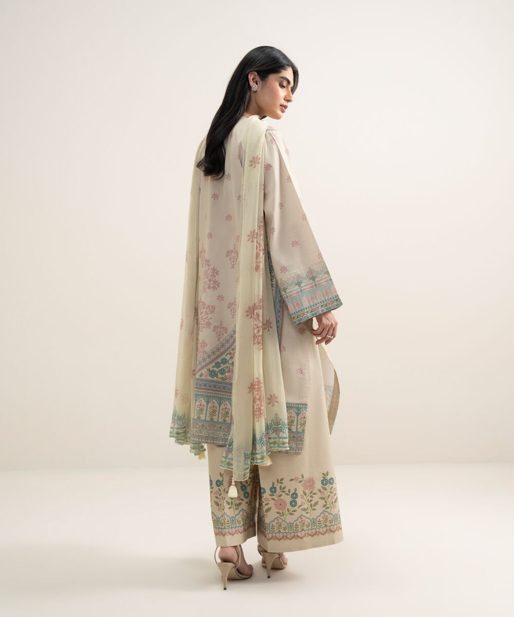 Women's Unstitched Lawn Embroidered Beige 3 Piece Suit