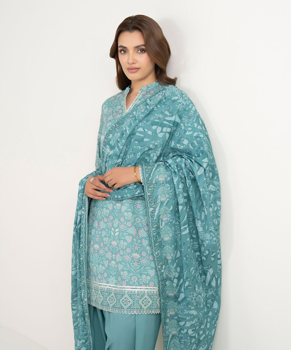 Women's Unstitched Lawn Printed Blue 3 Piece Suit