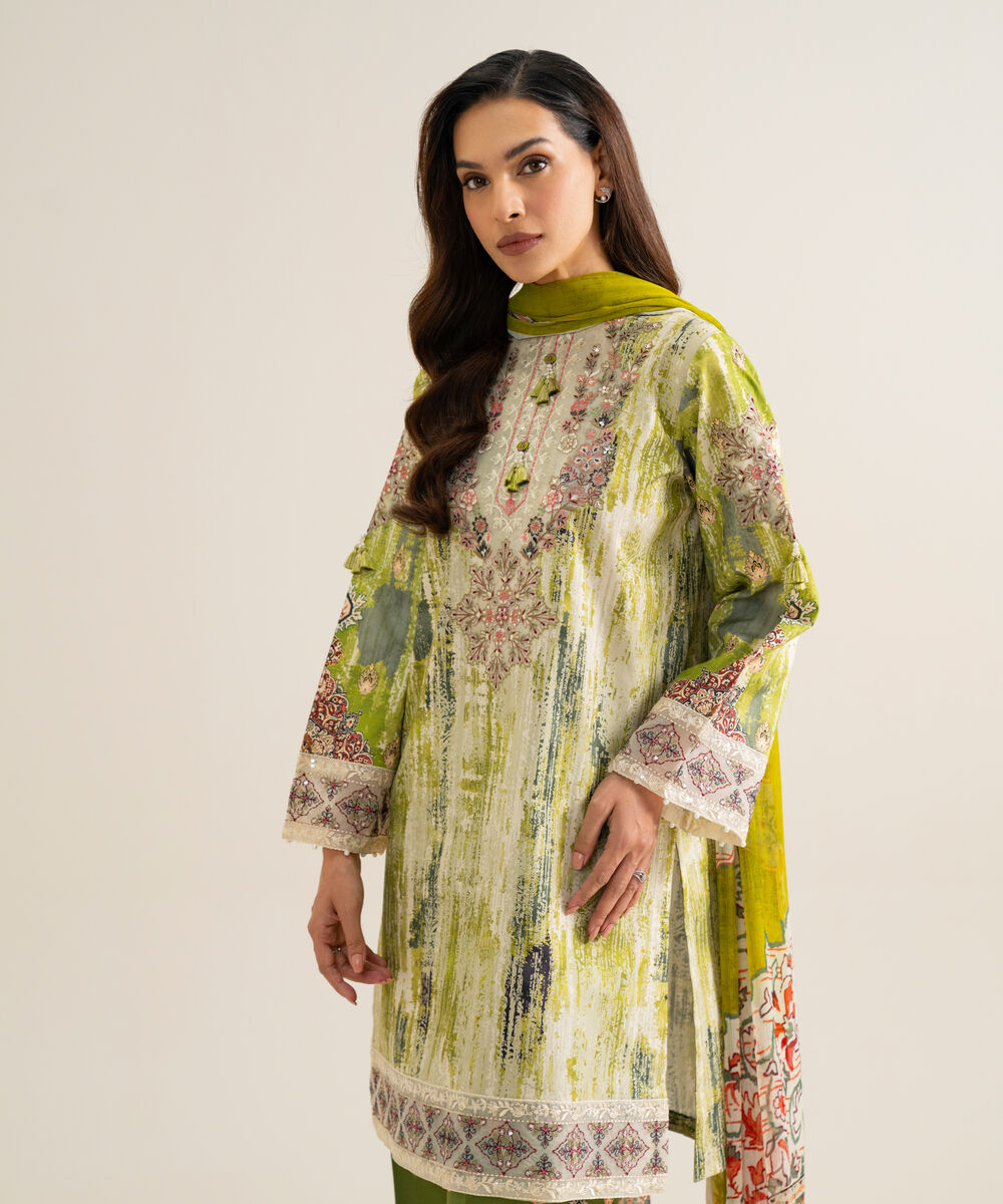 Women's Unstitched Blended Chiffon Printed Green & Off White 3 Piece Suit