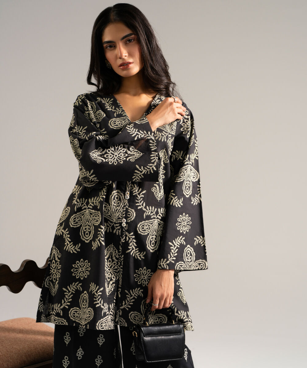 Women's RTW Slub Lawn Printed Black 2 Piece Suit