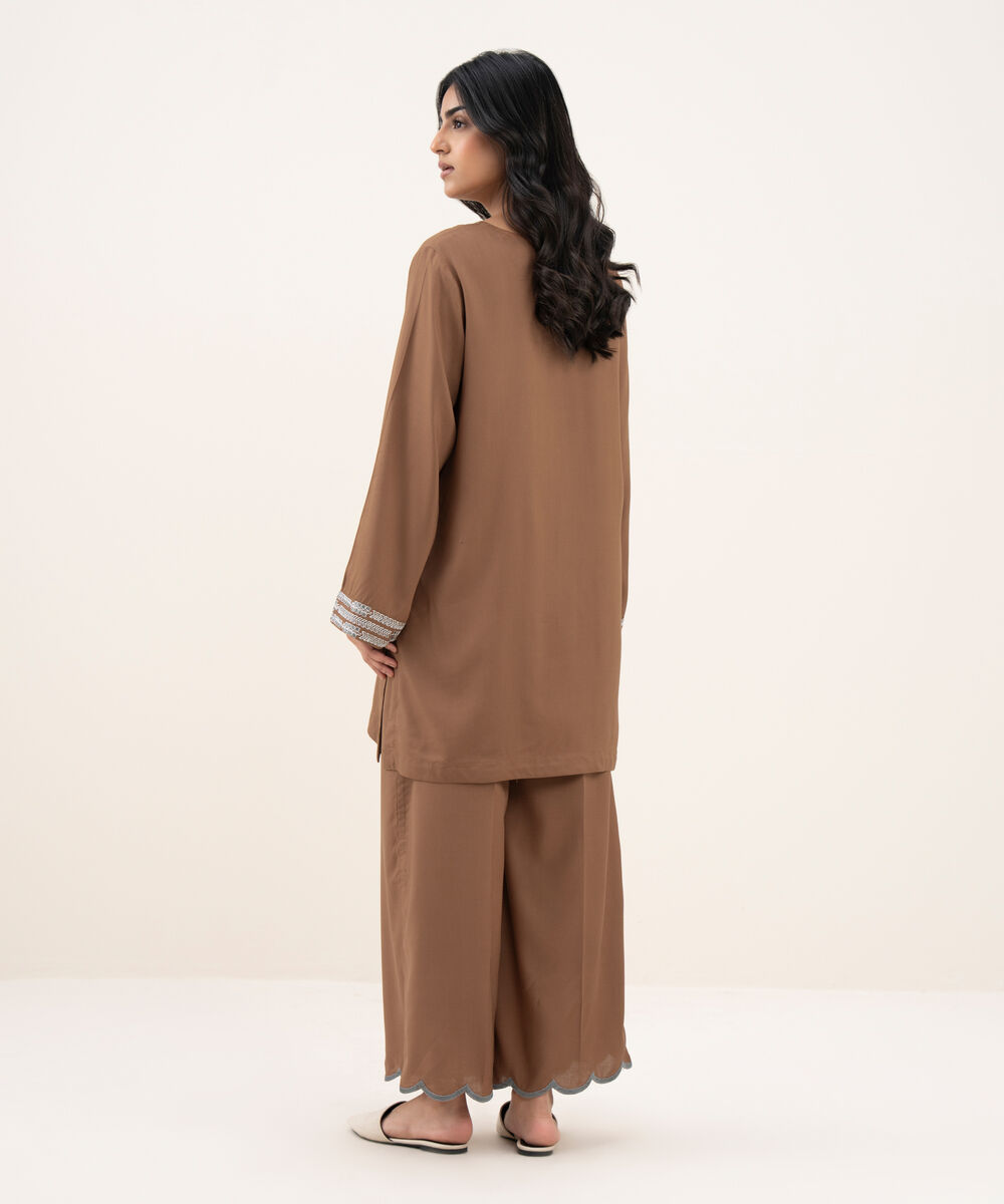 Women's RTW Khaddar Embroidered Straight Brown Shirt