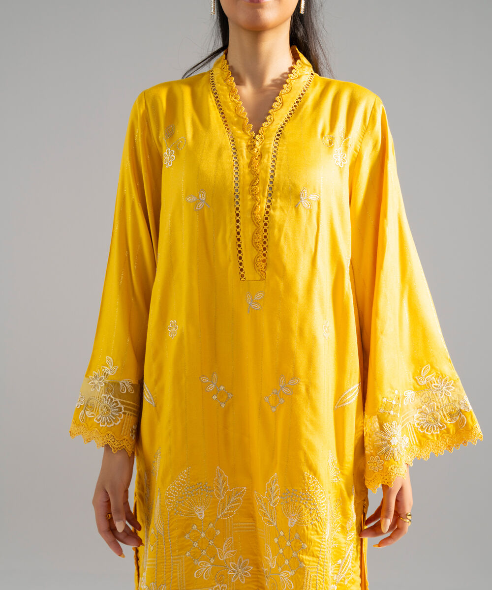 Women's RTW Dobby Crepe Lurix Solid Embroidered Yellow Straight Shirt