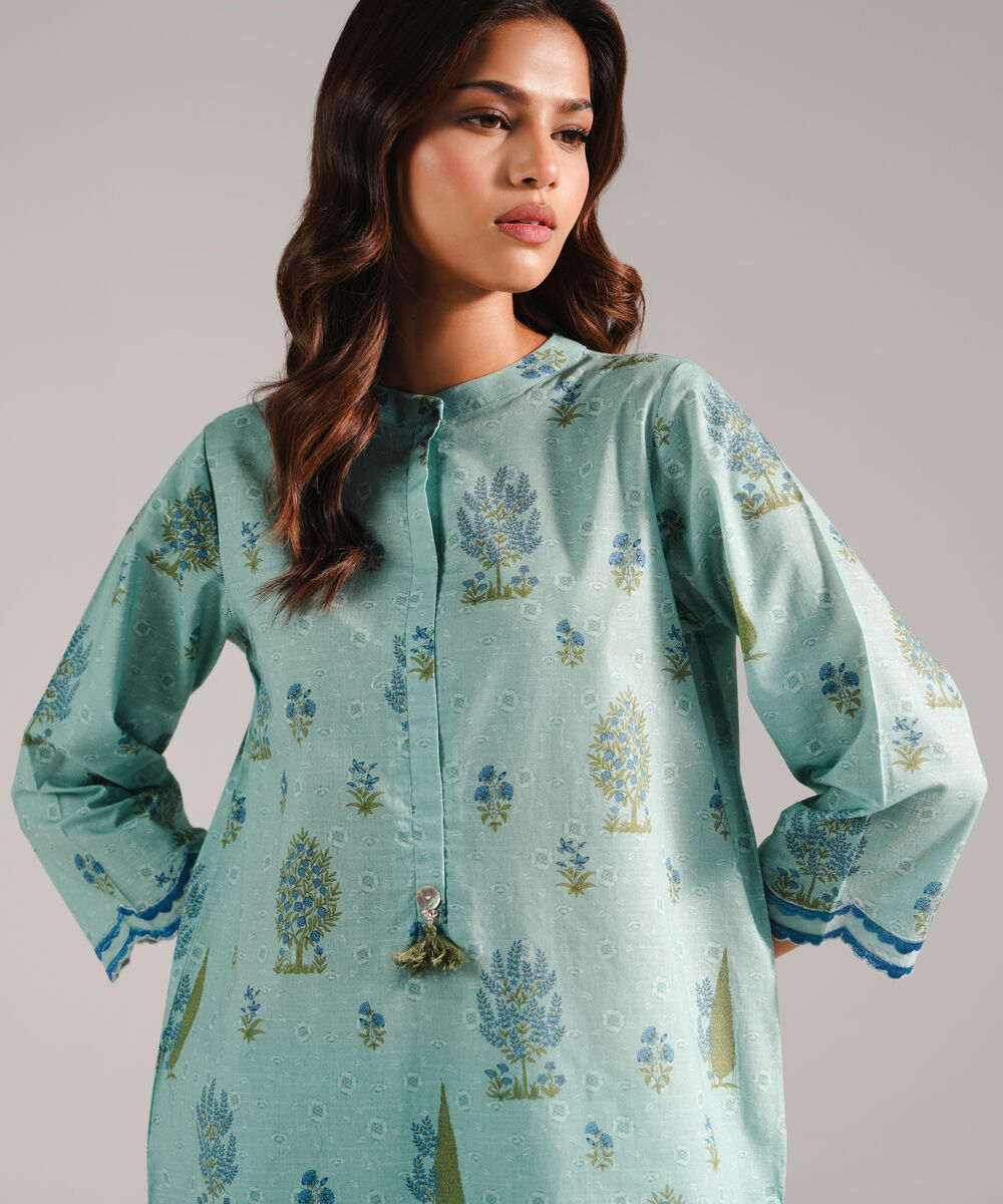 Women's RTW Slub Lawn Embroidered Blue 2 Piece Suit