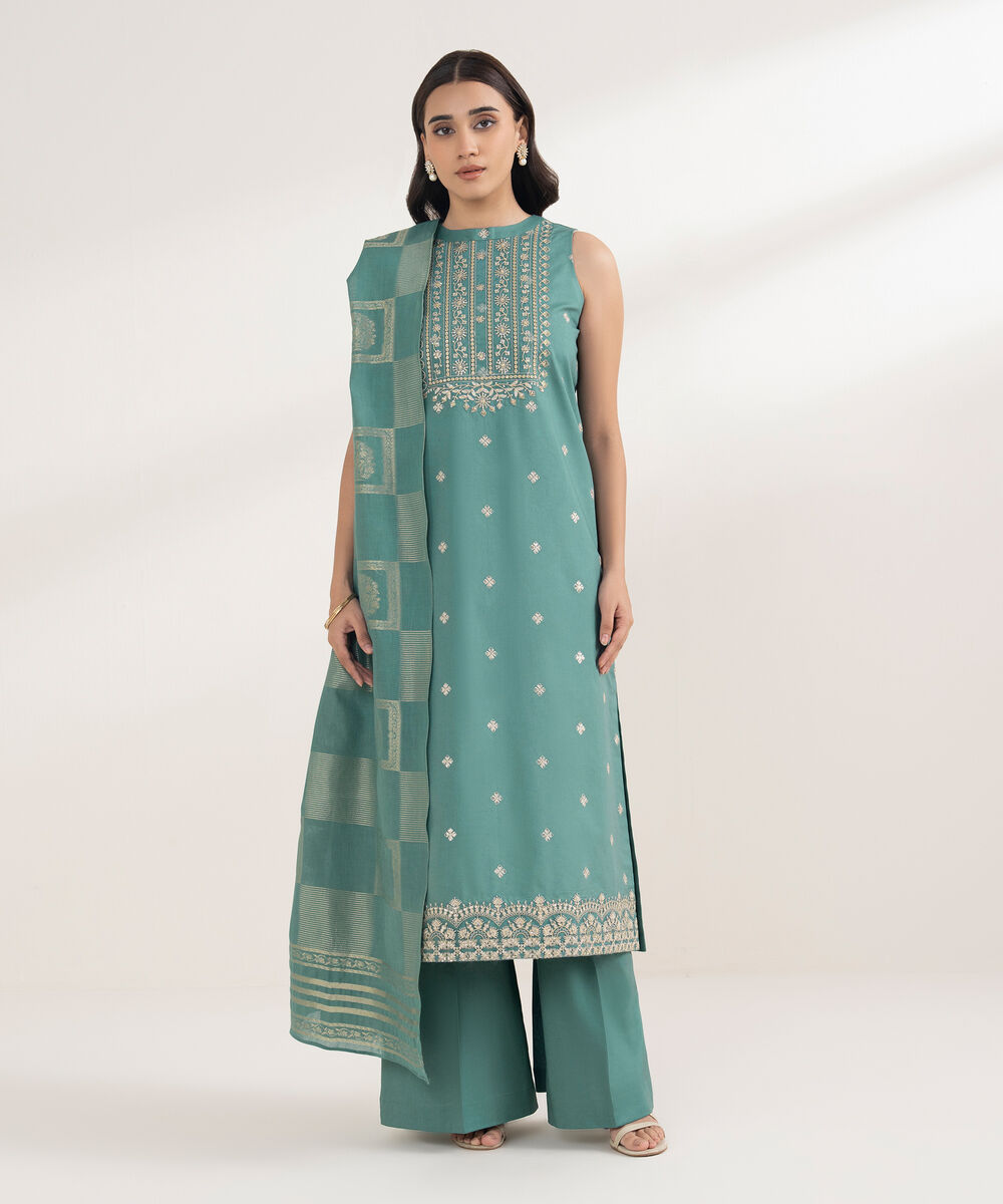 Women's Unstitched Cotton Embroidered Green 3 Piece Suit