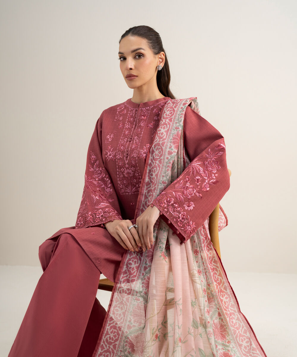 Women's Unstitched Dobby Embroidered Red 3 Piece Suit