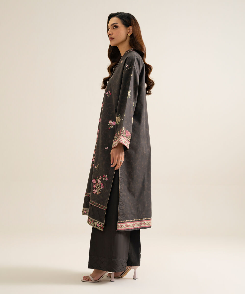 Women's Unstitched Blended Chiffon Embroidered Brown 3 Piece Suit