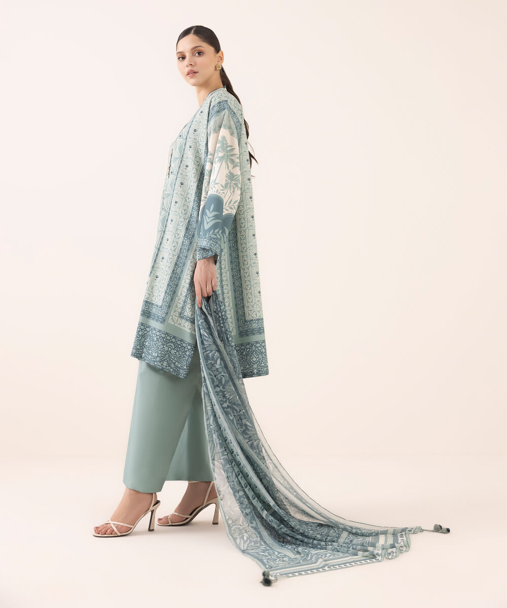 Women's Unstitched Arabic Lawn Printed Grey 3 Piece Suit